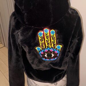 Sojara Black Faux Fur Cropped Jacket w/ Sequin Hamsa Hand – Zip Up